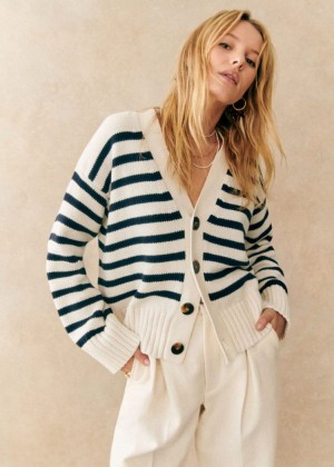 Beige Navy Sézane Wilson Women's Cardigan | USA WQH-174609