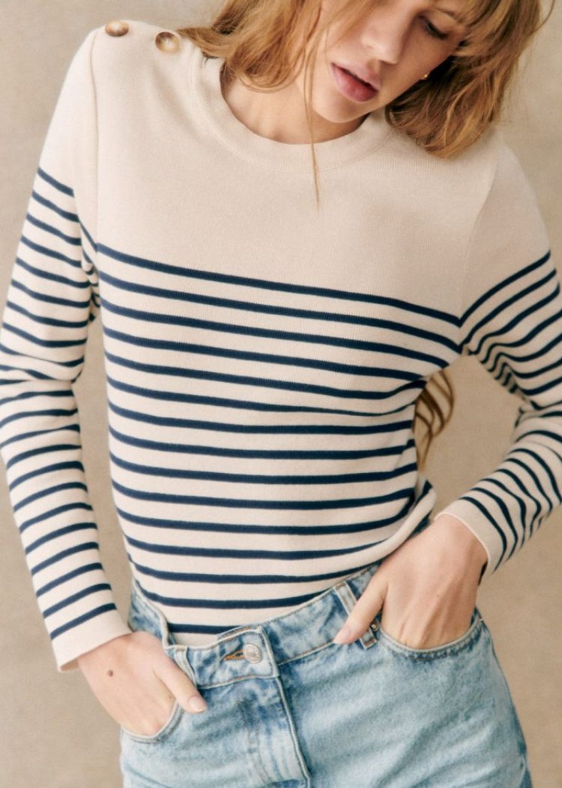 Beige Navy Sézane Matthis Women's Jumper | USA IVH-395260