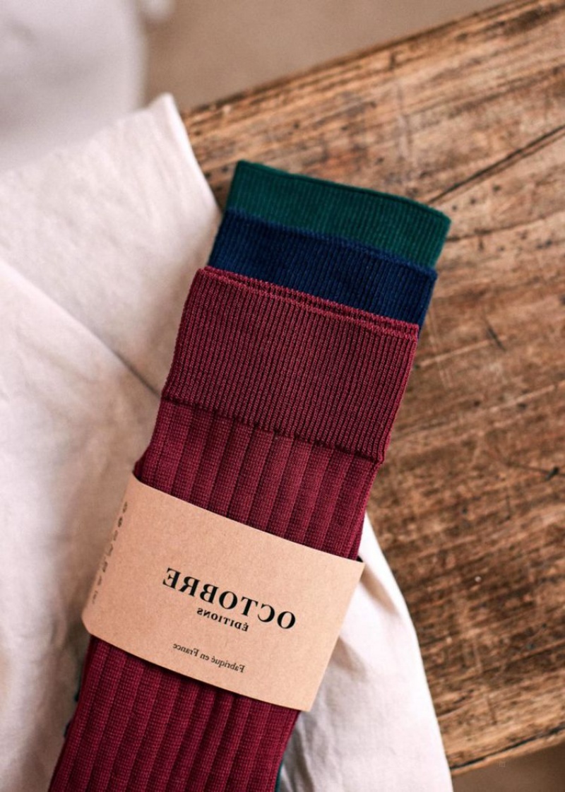 Burgundy Blue Green Sézane Ivie 3 Pairs Men's Socks | USA HZU-231954