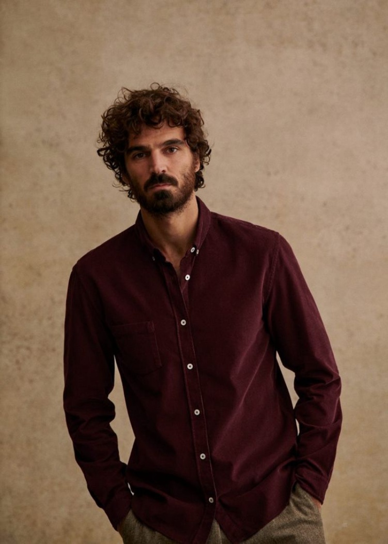 Burgundy Sézane Velvet Charlie Men's Shirts | USA VAD-568349