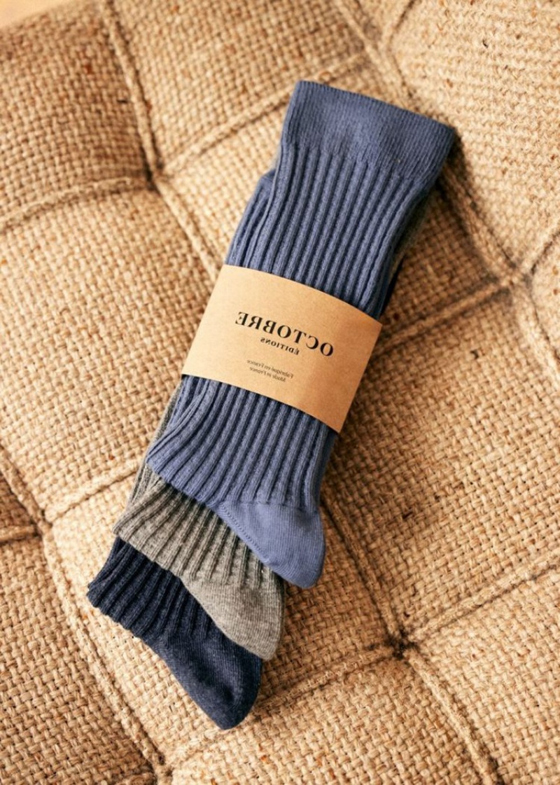 Grey Blue Navy Sézane Upton 3 Pairs Men's Socks | USA QIR-790154