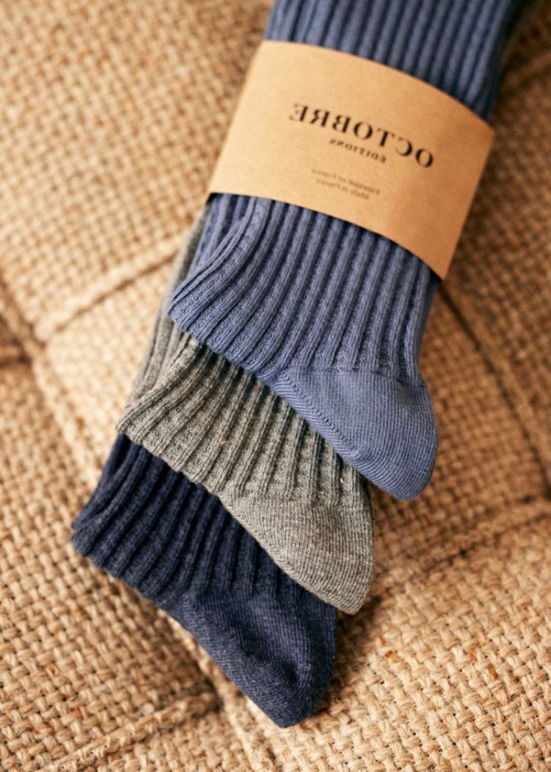 Grey Blue Navy Sézane Upton 3 Pairs Men\'s Socks | USA QIR-790154