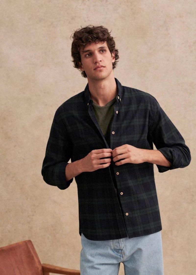 Navy Green Sézane Flannel Charlie Men's Shirts | USA TRN-248935